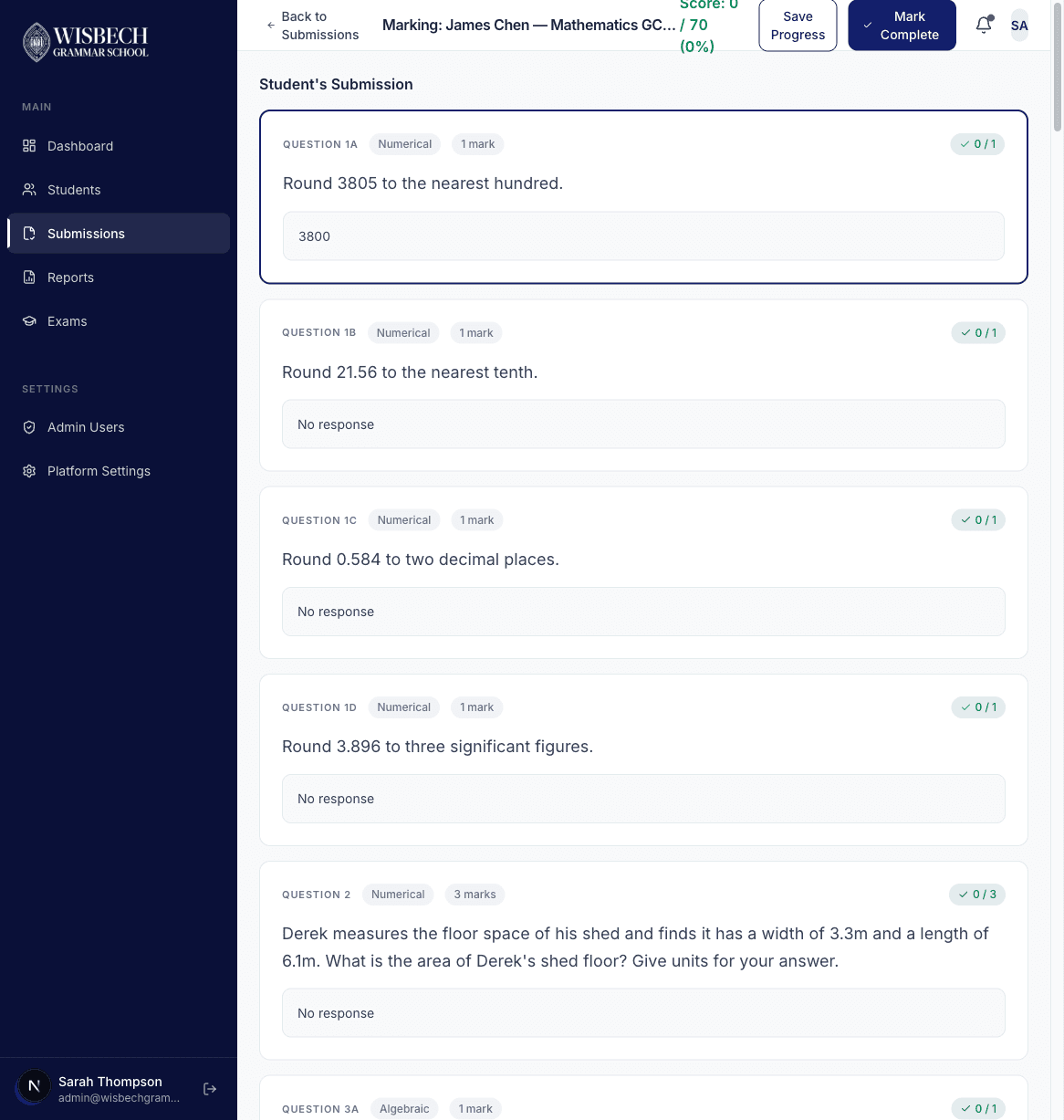 Marking interface showing student answers