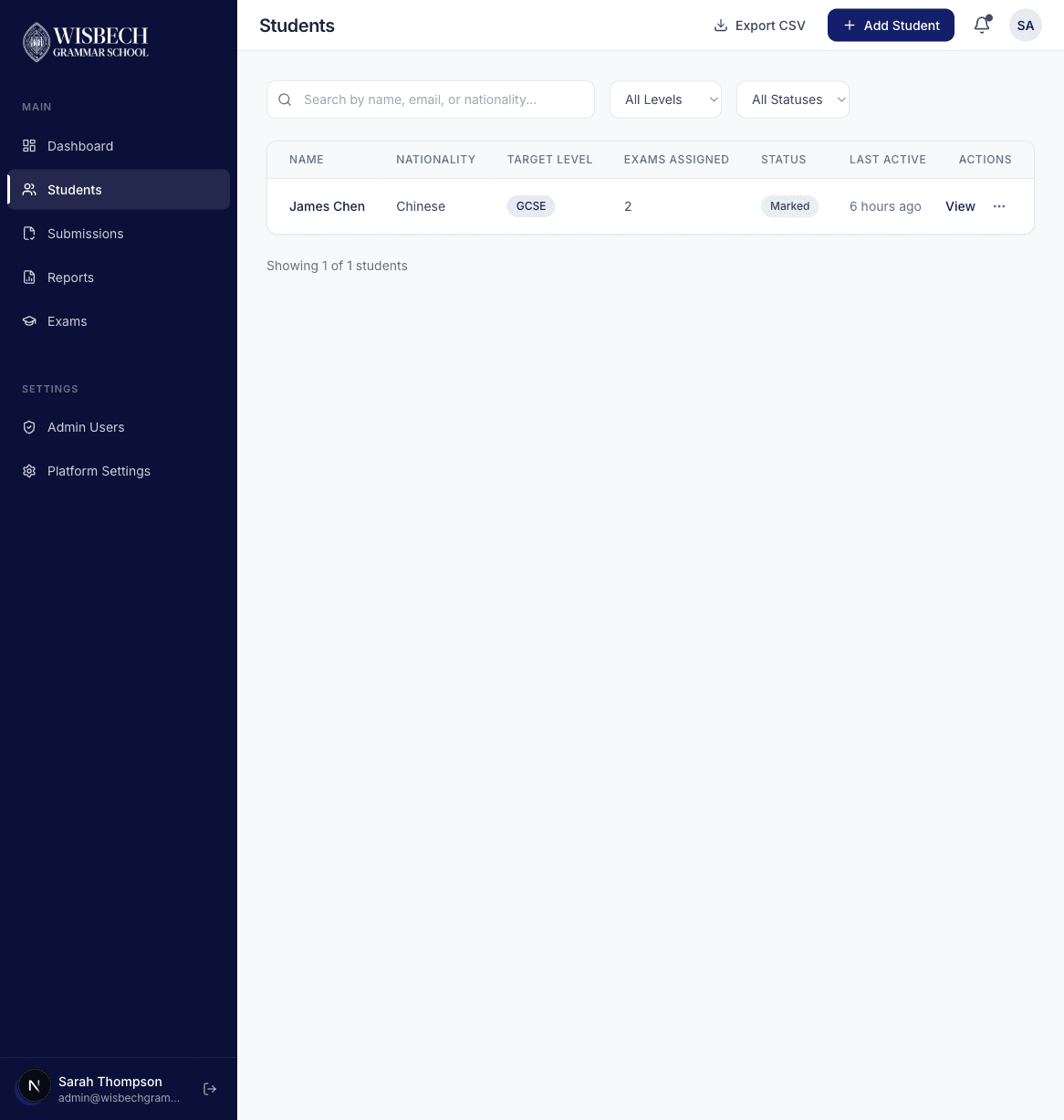 Students list with search and filters