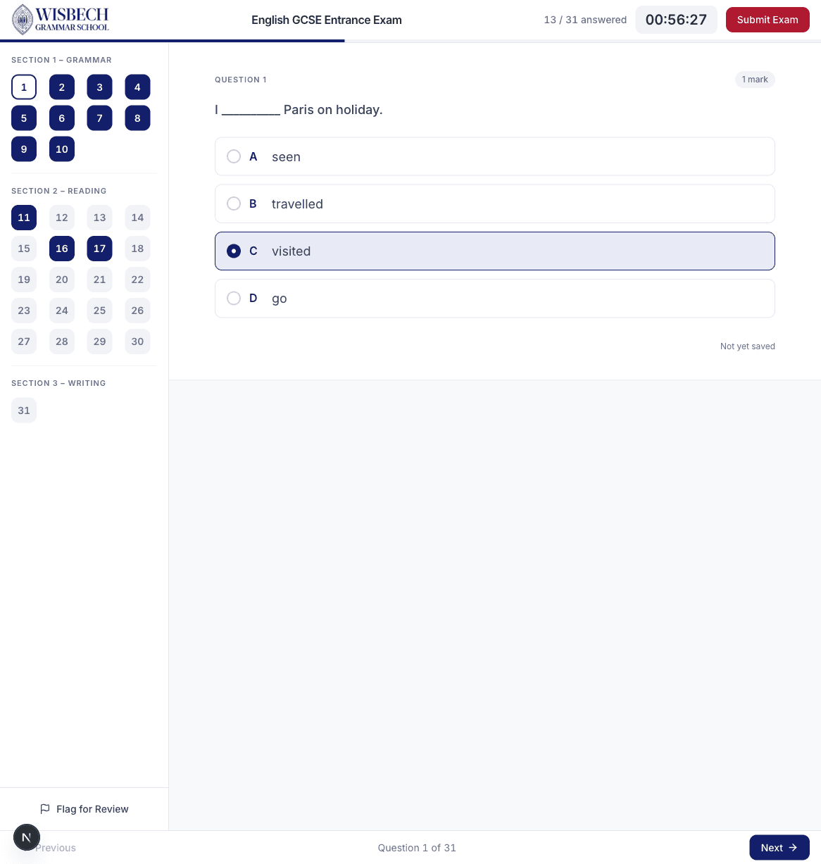 Exam interface showing a multiple choice question