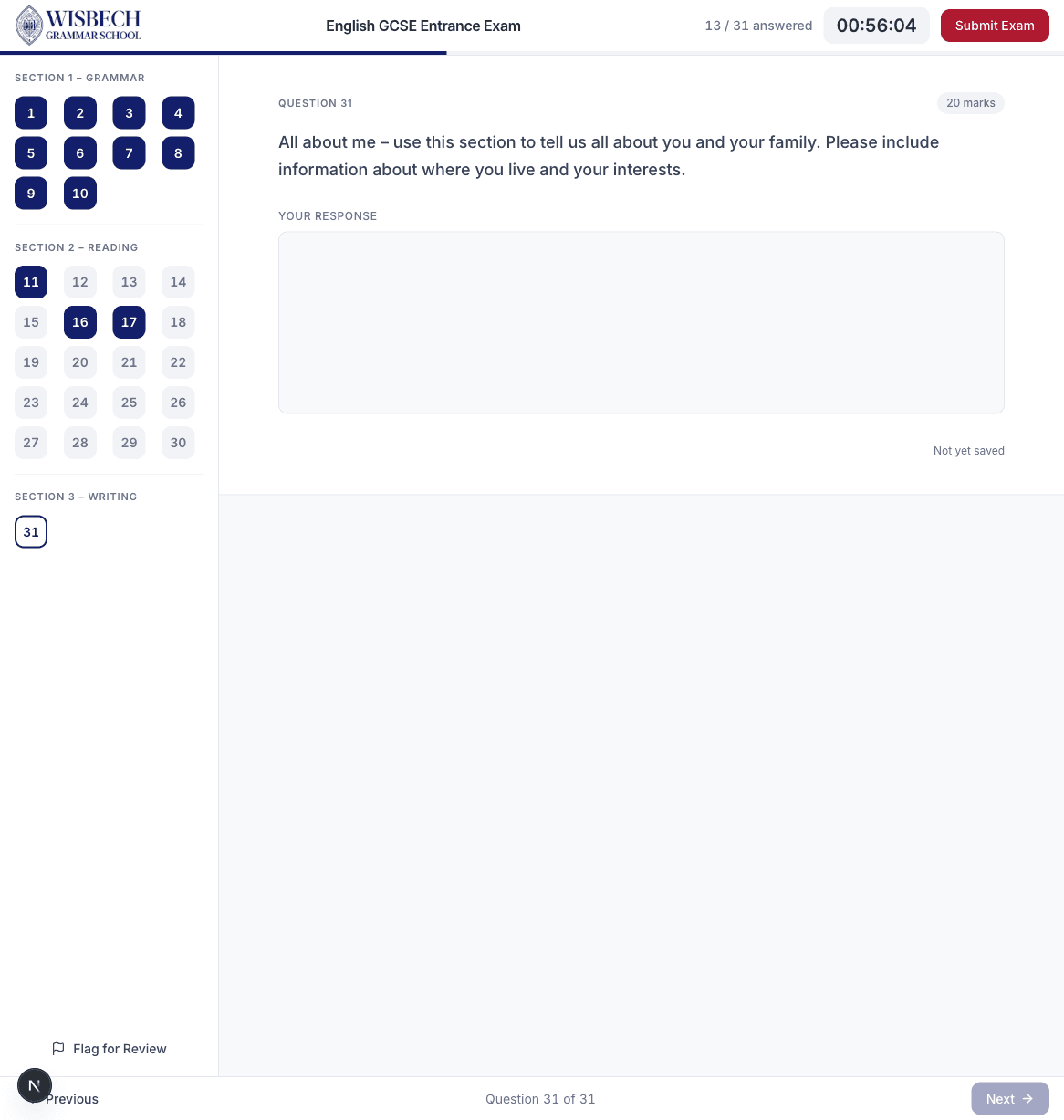 Extended writing question with text editor