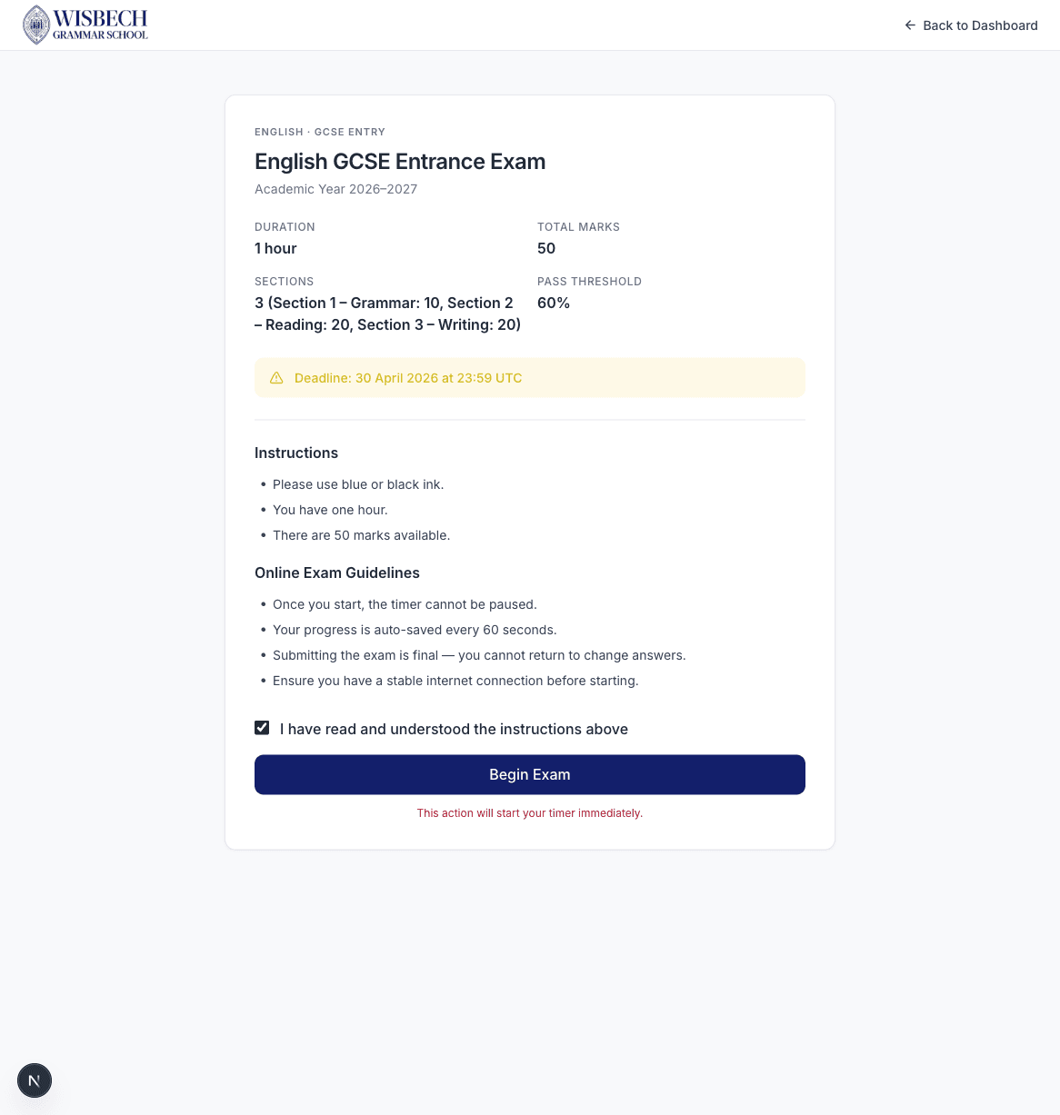 Pre-exam screen with checkbox ticked