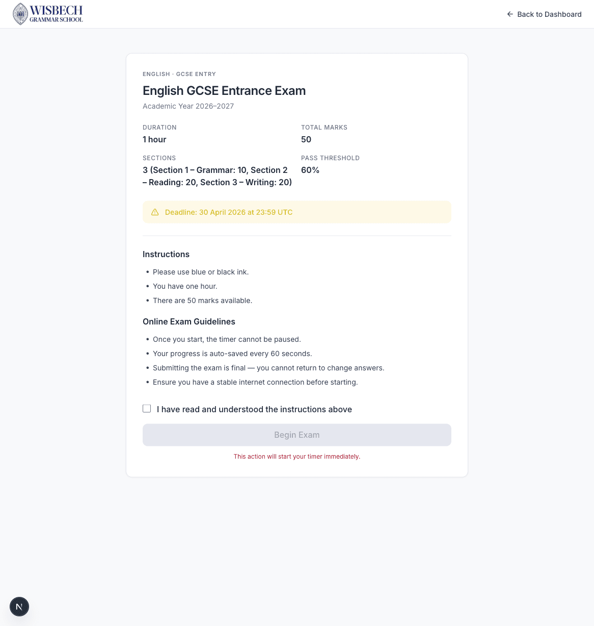 Pre-exam instructions screen